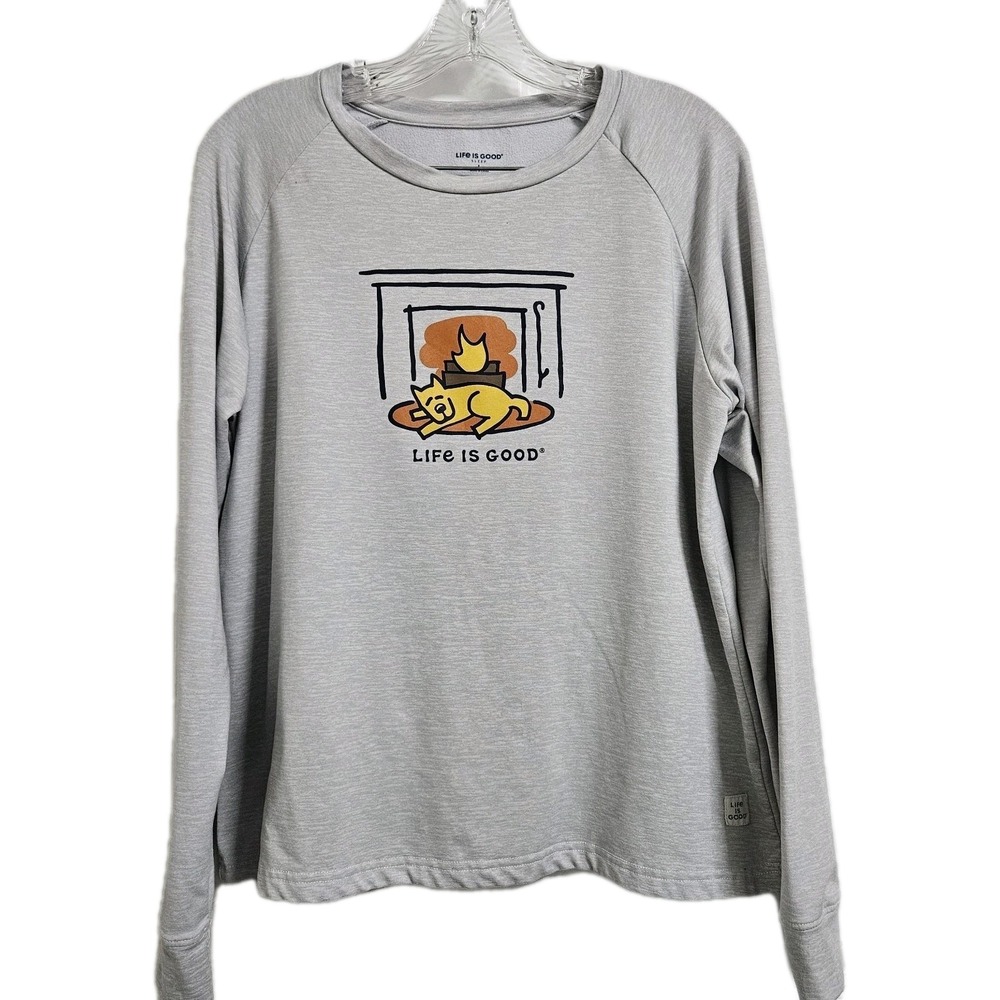 Life Is Good Light Gray Sleep Long Sleeve Tee Womens L Super Soft Dog Fireplace